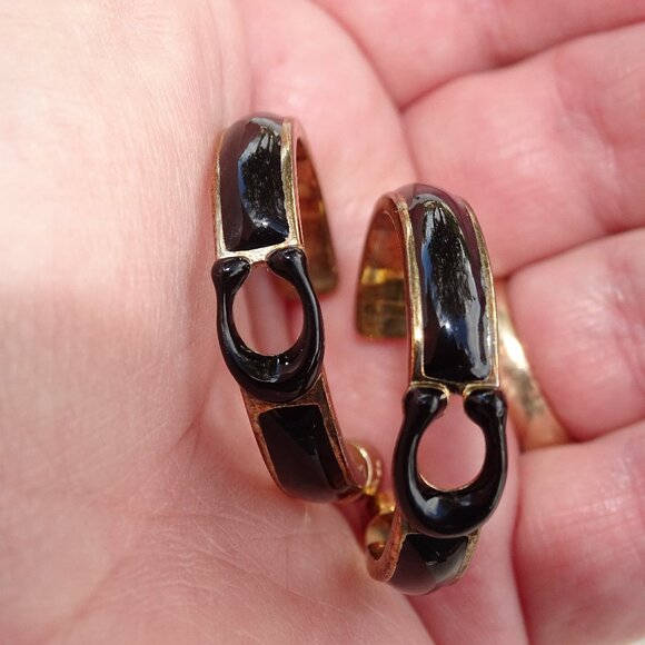 Coach Large Gold and Black Enameled Large Hoop Pierced Earrings New - Picture 4 of 7